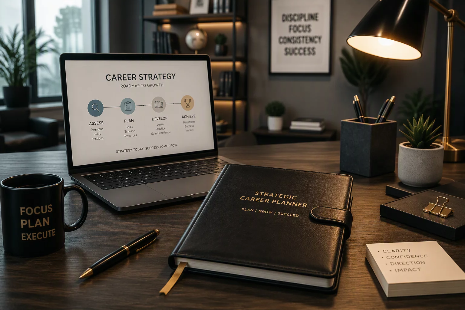 Professional planning a career transition with desktop notes and organizer