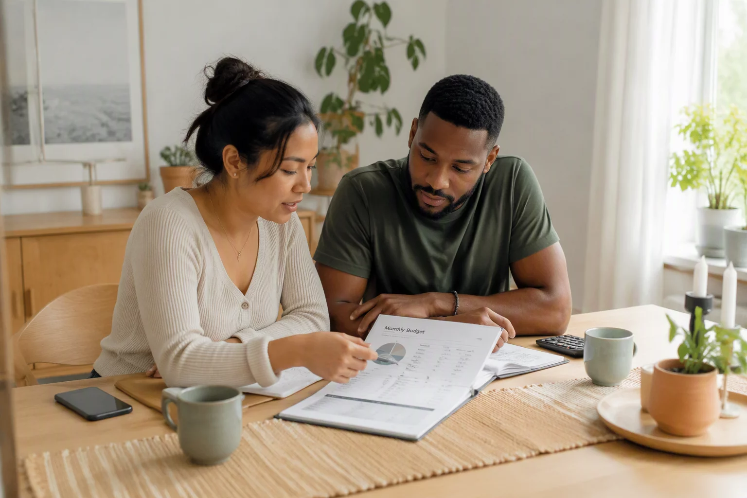 Two partners reviewing a shared ledger for household expenses