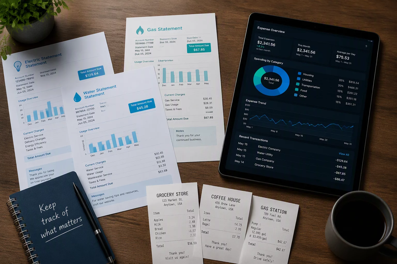 Managing rising household bills and utility receipts on a wooden table